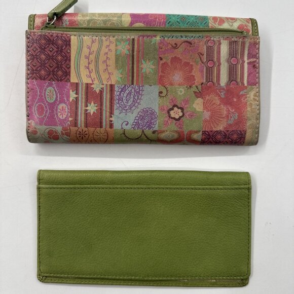 Vintage Fossil Leather Wallet Patchwork Studded Trifold Zip Snap Checkbook Cards - Picture 5 of 14